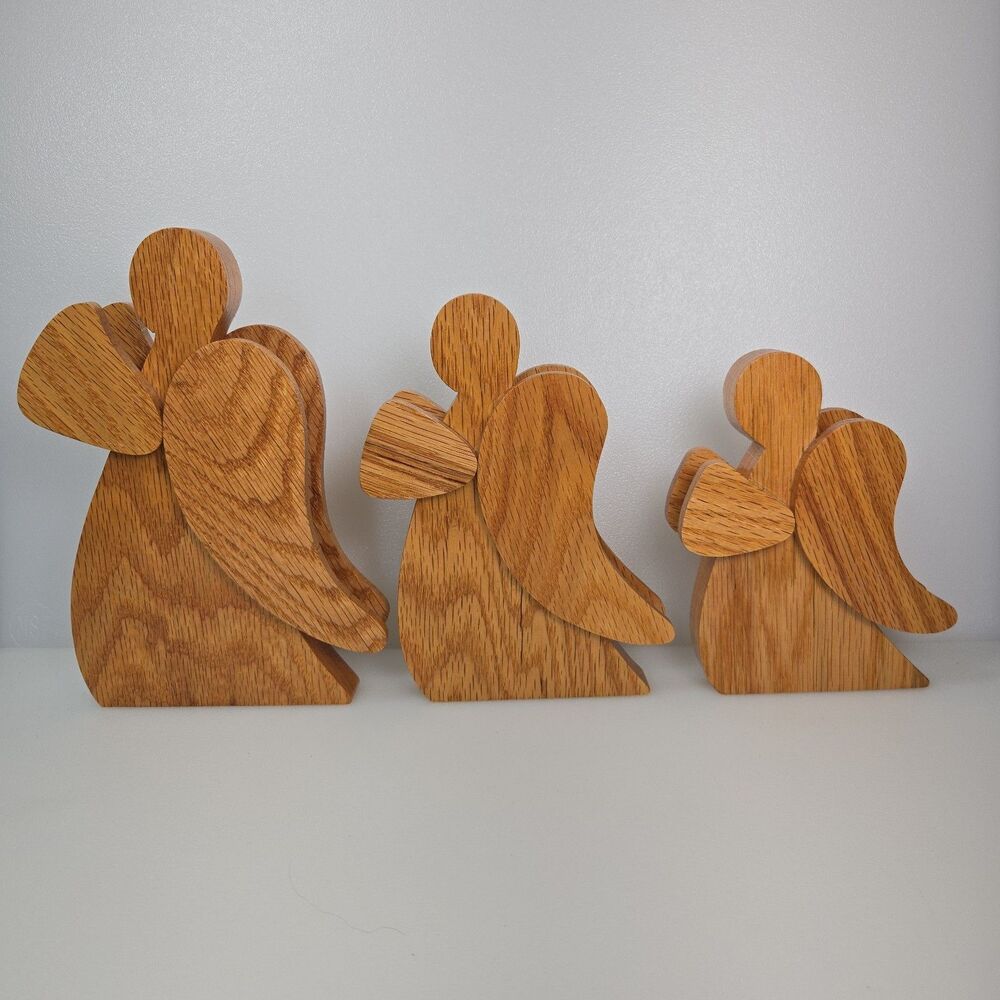 Wooden Angel Figurines Set of 3 Graduated Sizes Handmade Minimalist Cottagecore